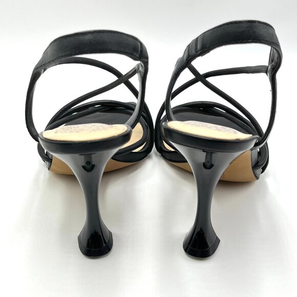 Vince Camuto 9.5 Sanda Black Leather Strappy Flared Heels Dress Sandals Shoes - Picture 7 of 14